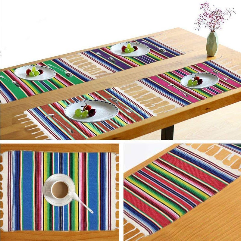 Fowecelt Mexican Serape Placemats for Mexican Party Wedding Decor Outdoor Dining Kitchen Table Set of 6, 13 x 19 Inch Fringe Cotton Handwoven Table Place Mat (Multi-Color) - Image 3